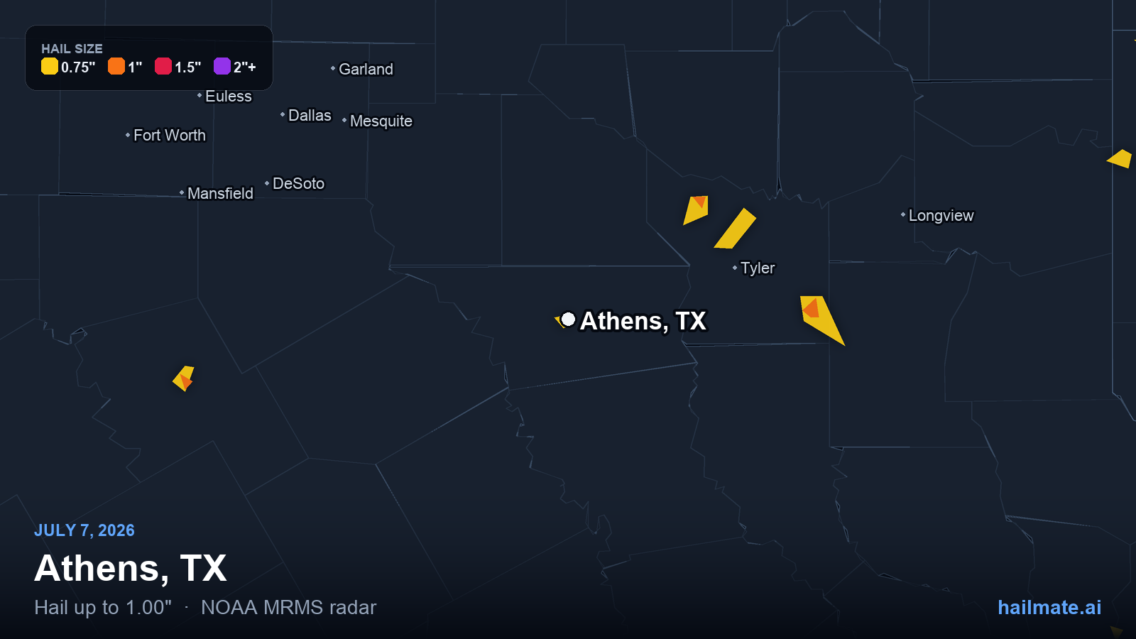 Hail swath map for Athens, TX on July 7, 2026 showing 1.00 inch hail.