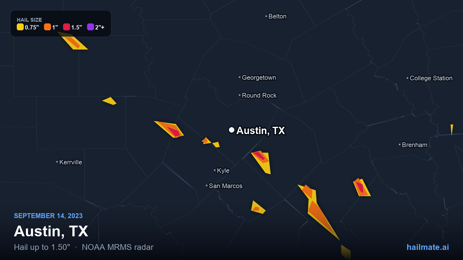 Hail swath map for Austin, TX on September 14, 2023 showing 1.50 inch hail.