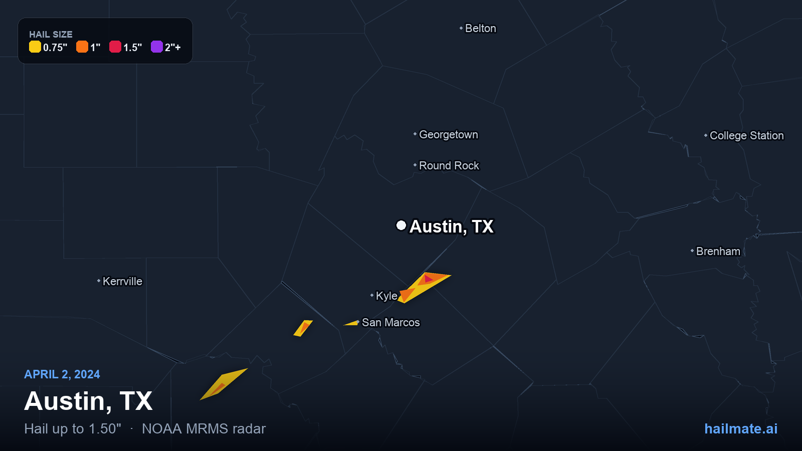 Hail swath map for Austin, TX on April 2, 2024 showing 1.50 inch hail.