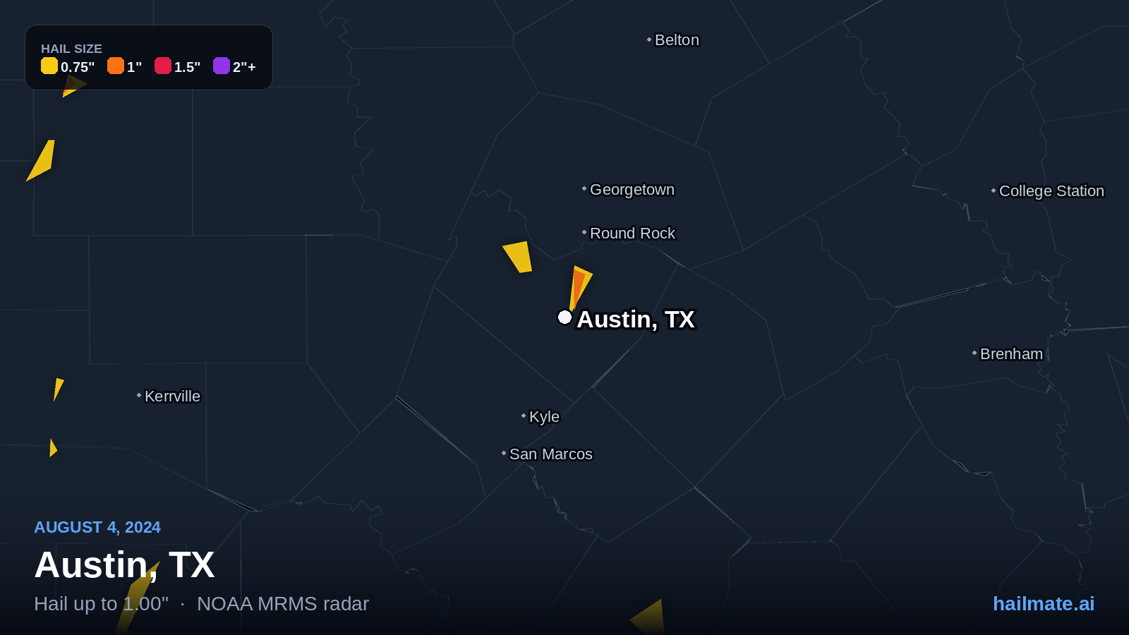 Hail swath map for Austin, TX on August 4, 2024 showing 1.00 inch hail.