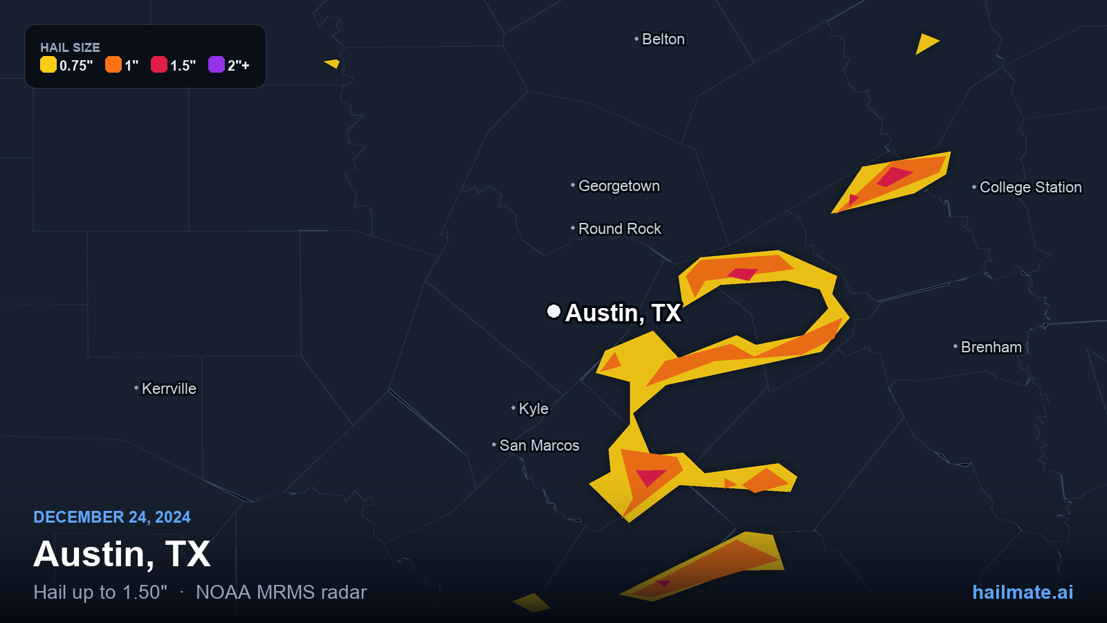 Hail swath map for Austin, TX on December 24, 2024 showing 1.50 inch hail.