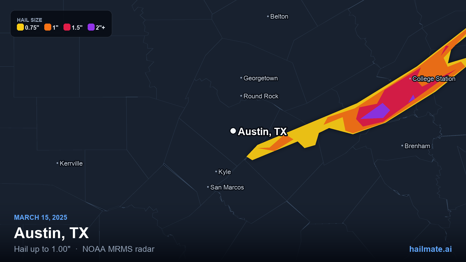 Hail swath map for Austin, TX on March 15, 2025 showing 1.00 inch hail.