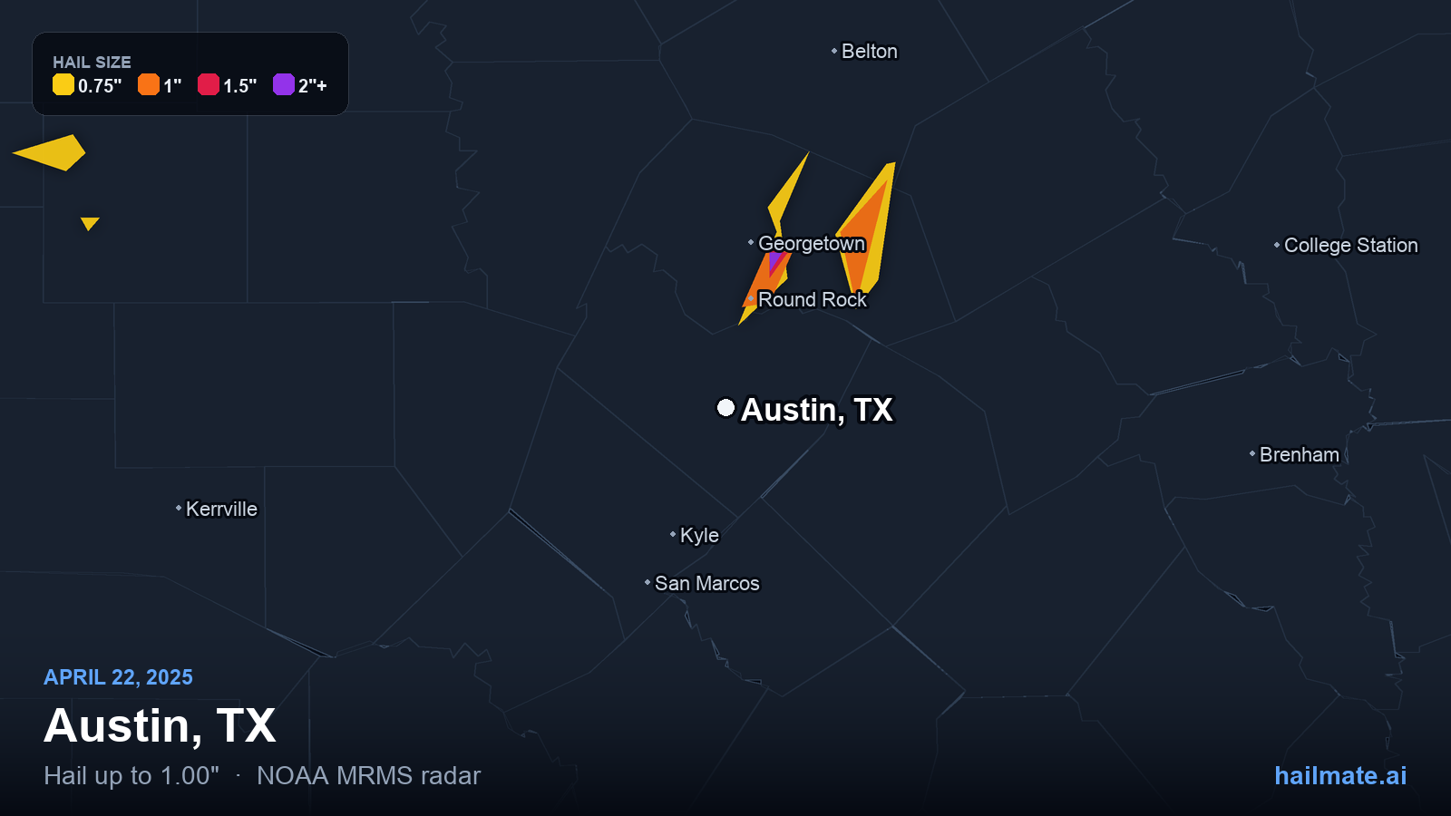Hail swath map for Austin, TX on April 22, 2025 showing 1.00 inch hail.