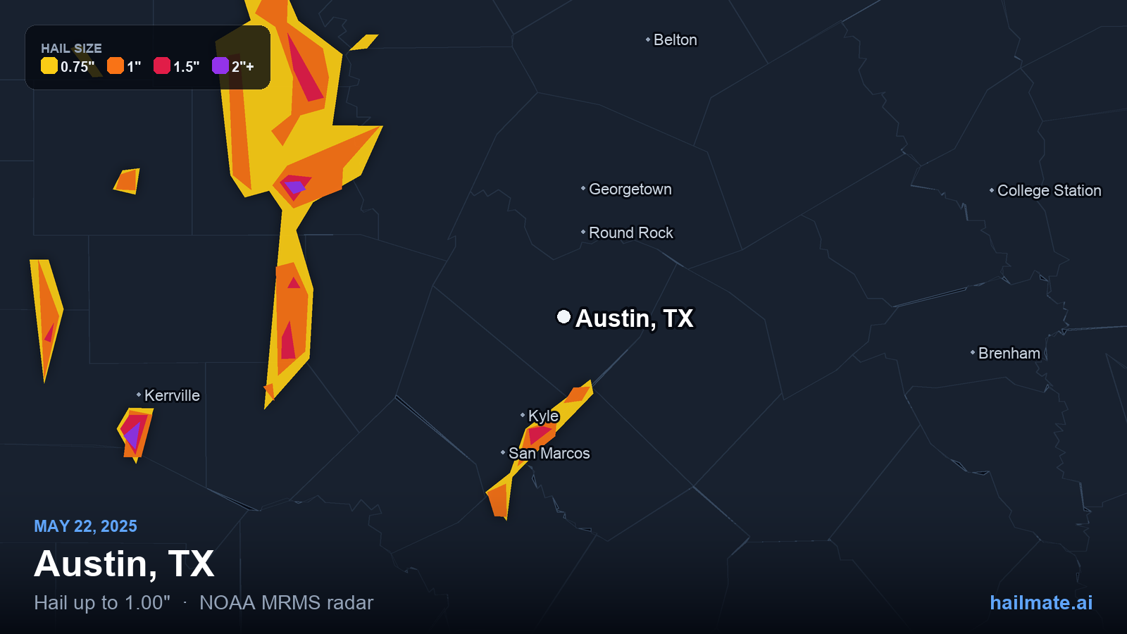 Hail swath map for Austin, TX on May 22, 2025 showing 1.00 inch hail.
