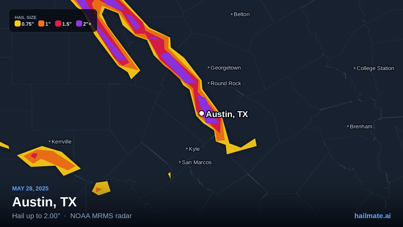 Hail swath map for Austin, TX on May 28, 2025 showing 2.00 inch hail.