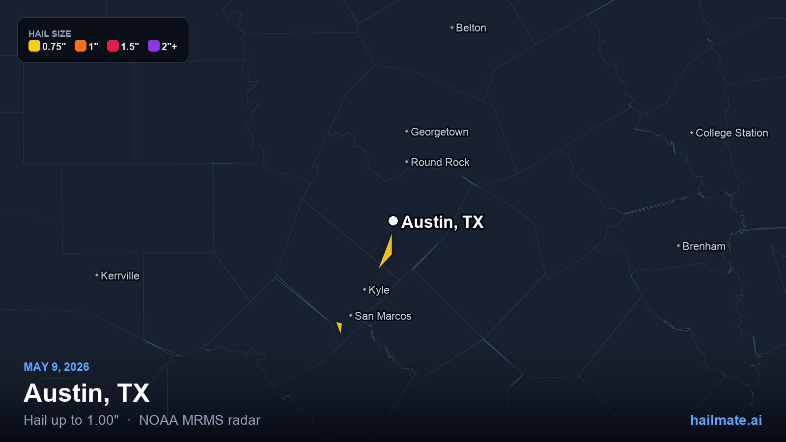 Hail swath map for Austin, TX on May 9, 2026 showing 1.00 inch hail.
