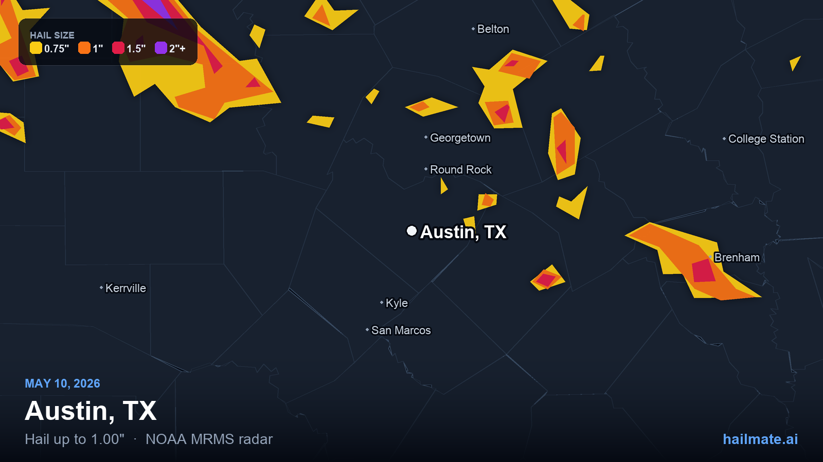 Hail swath map for Austin, TX on May 10, 2026 showing 1.00 inch hail.