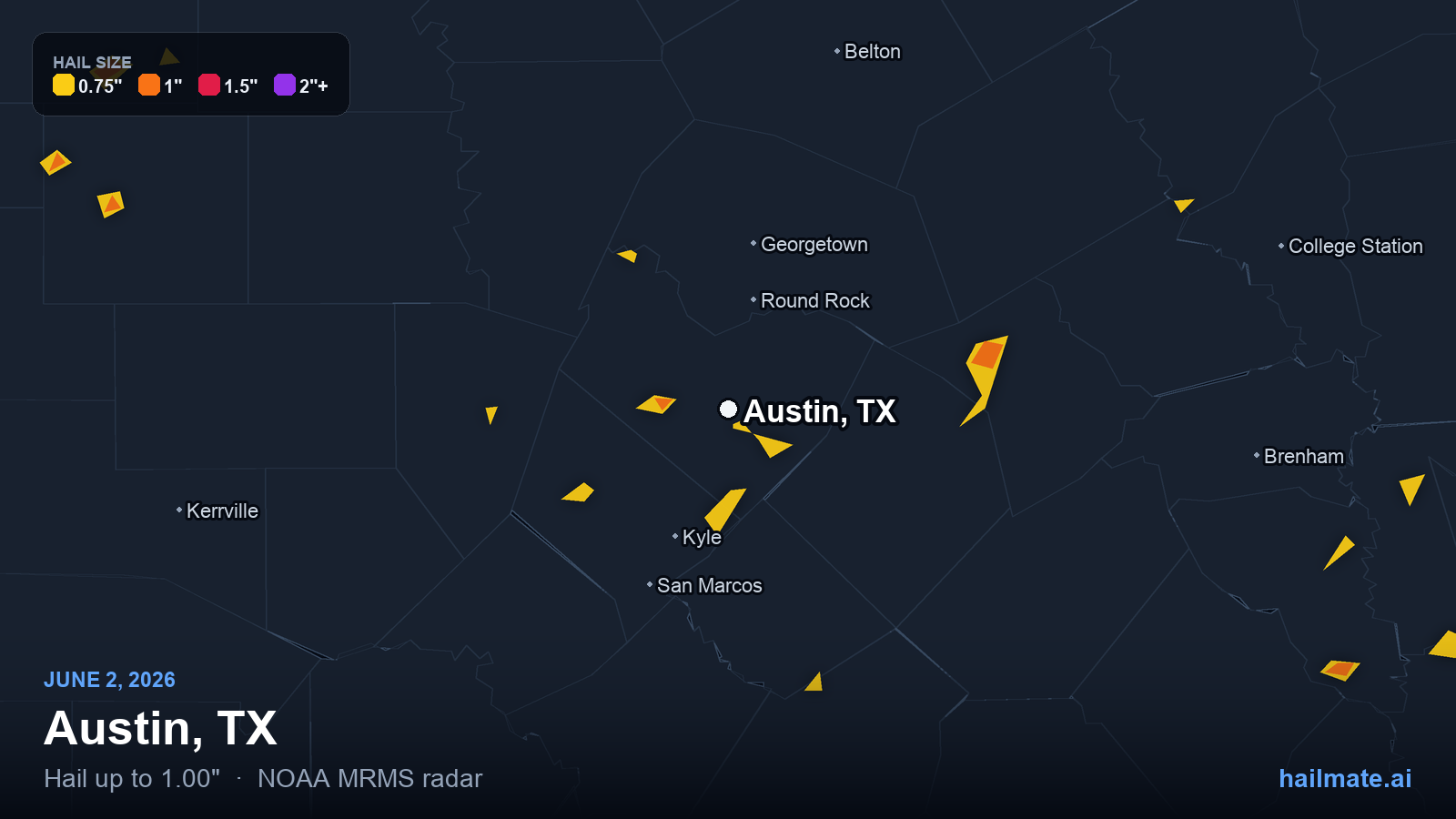 Hail swath map for Austin, TX on June 2, 2026 showing 1.00 inch hail.