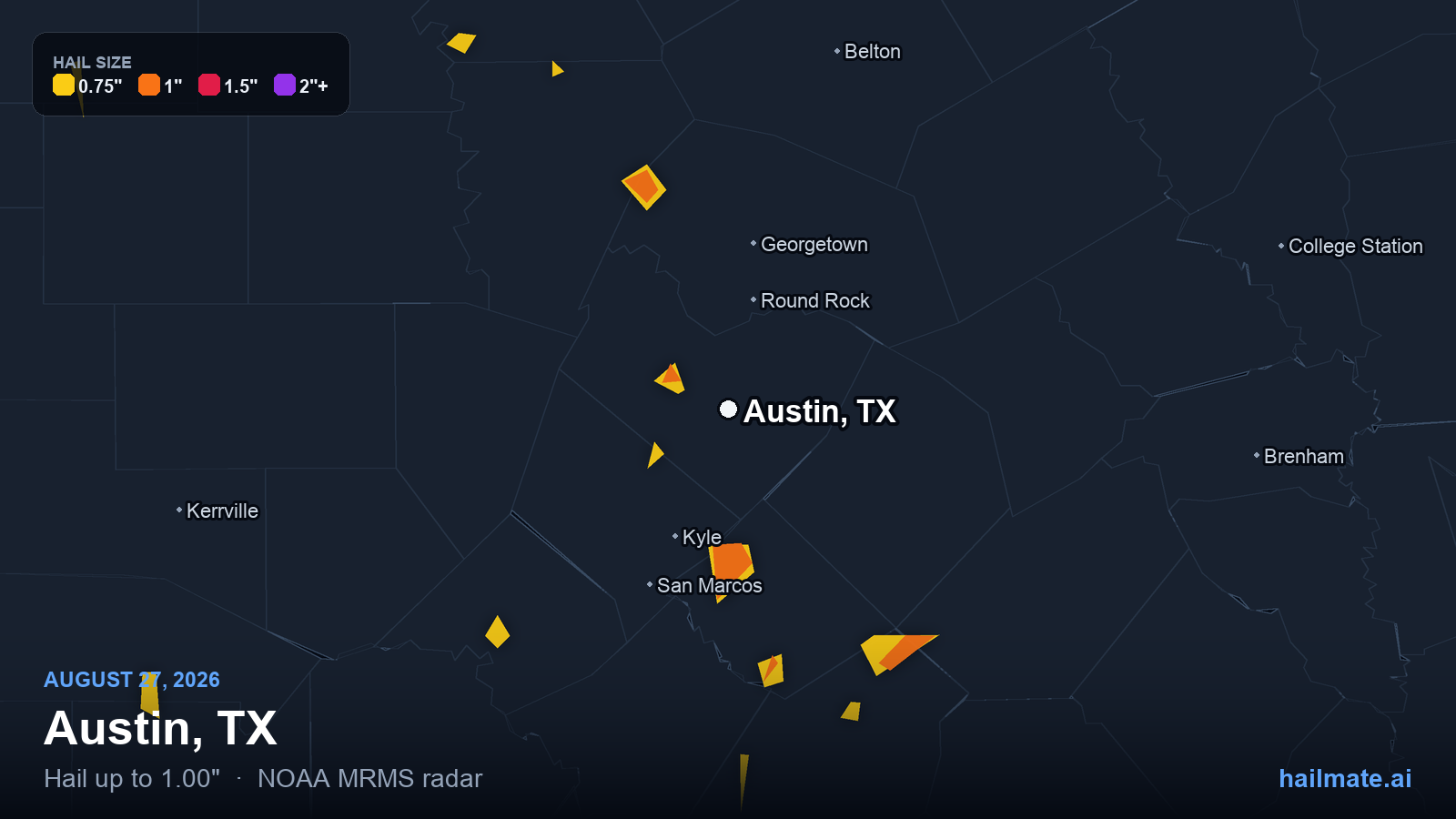 Hail swath map for Austin, TX on August 27, 2026 showing 1.00 inch hail.