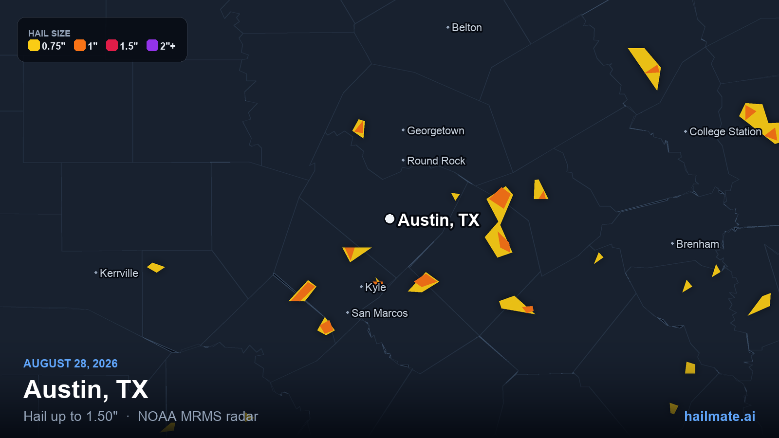Hail swath map for Austin, TX on August 28, 2026 showing 1.50 inch hail.