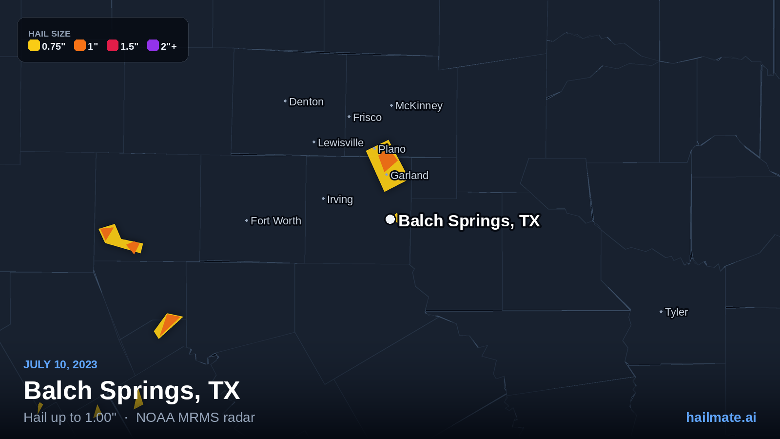 Hail swath map for Balch Springs, TX on July 10, 2023 showing 1.00 inch hail.