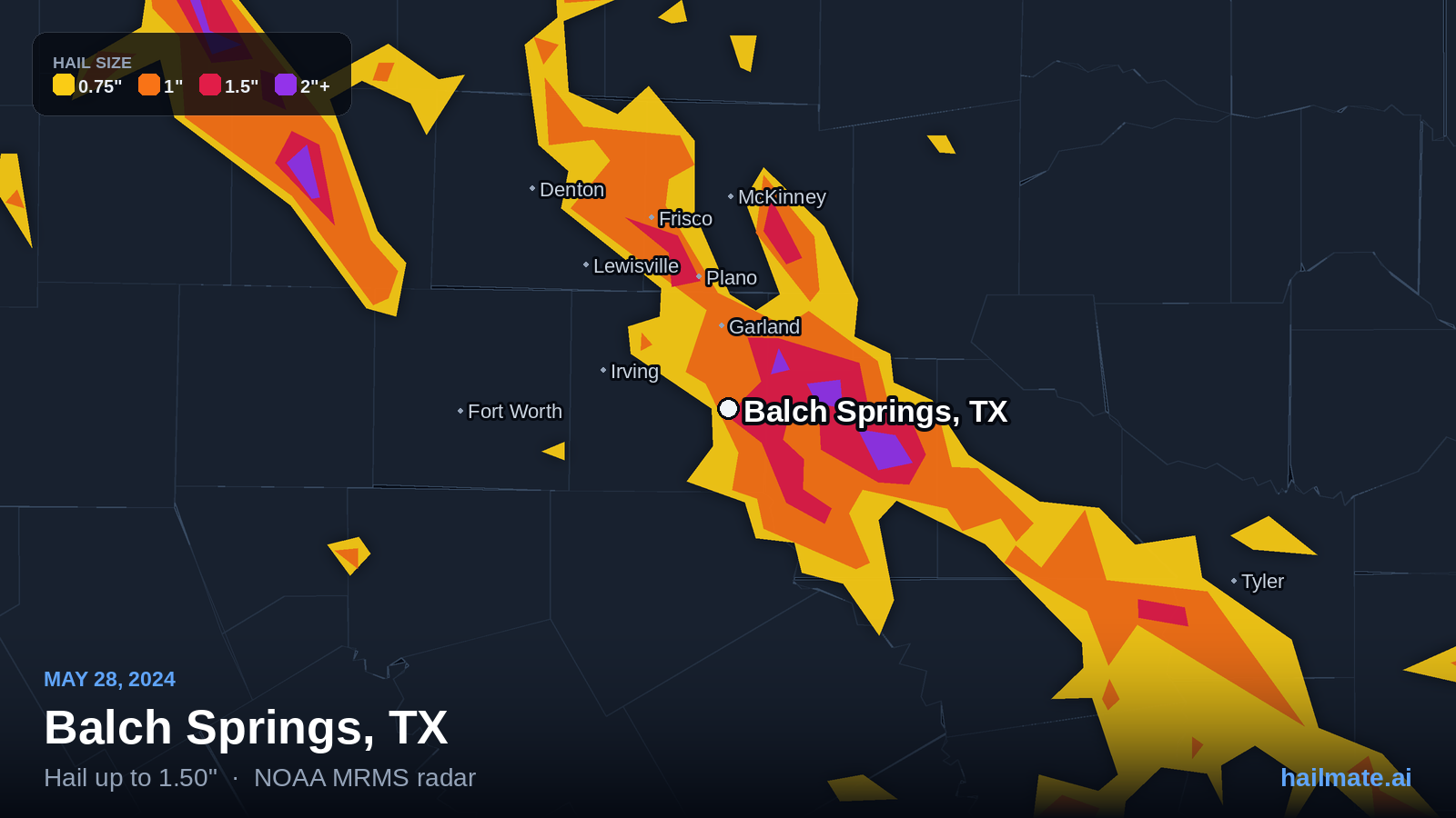 Hail swath map for Balch Springs, TX on May 28, 2024 showing 1.50 inch hail.