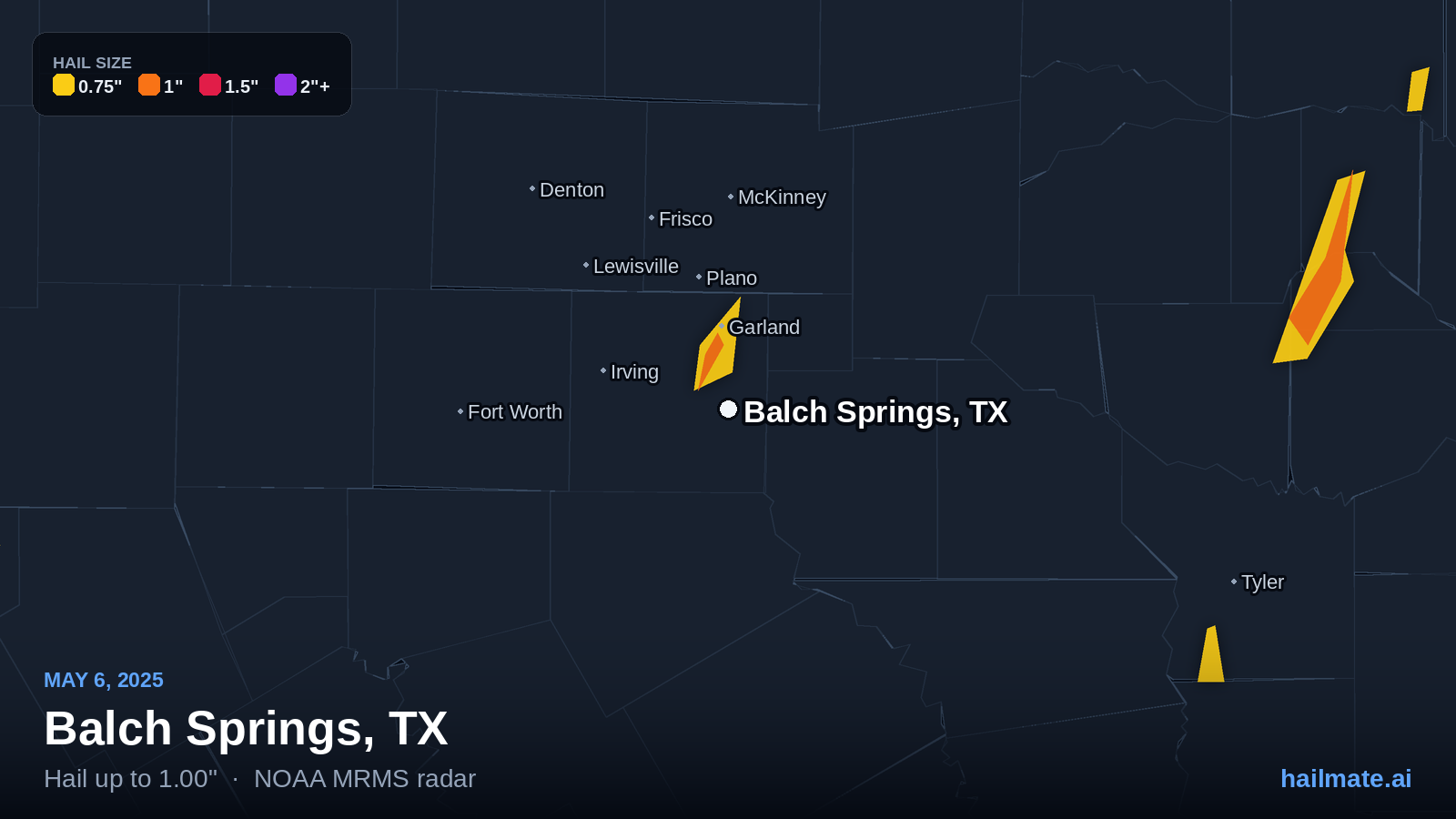 Hail swath map for Balch Springs, TX on May 6, 2025 showing 1.00 inch hail.