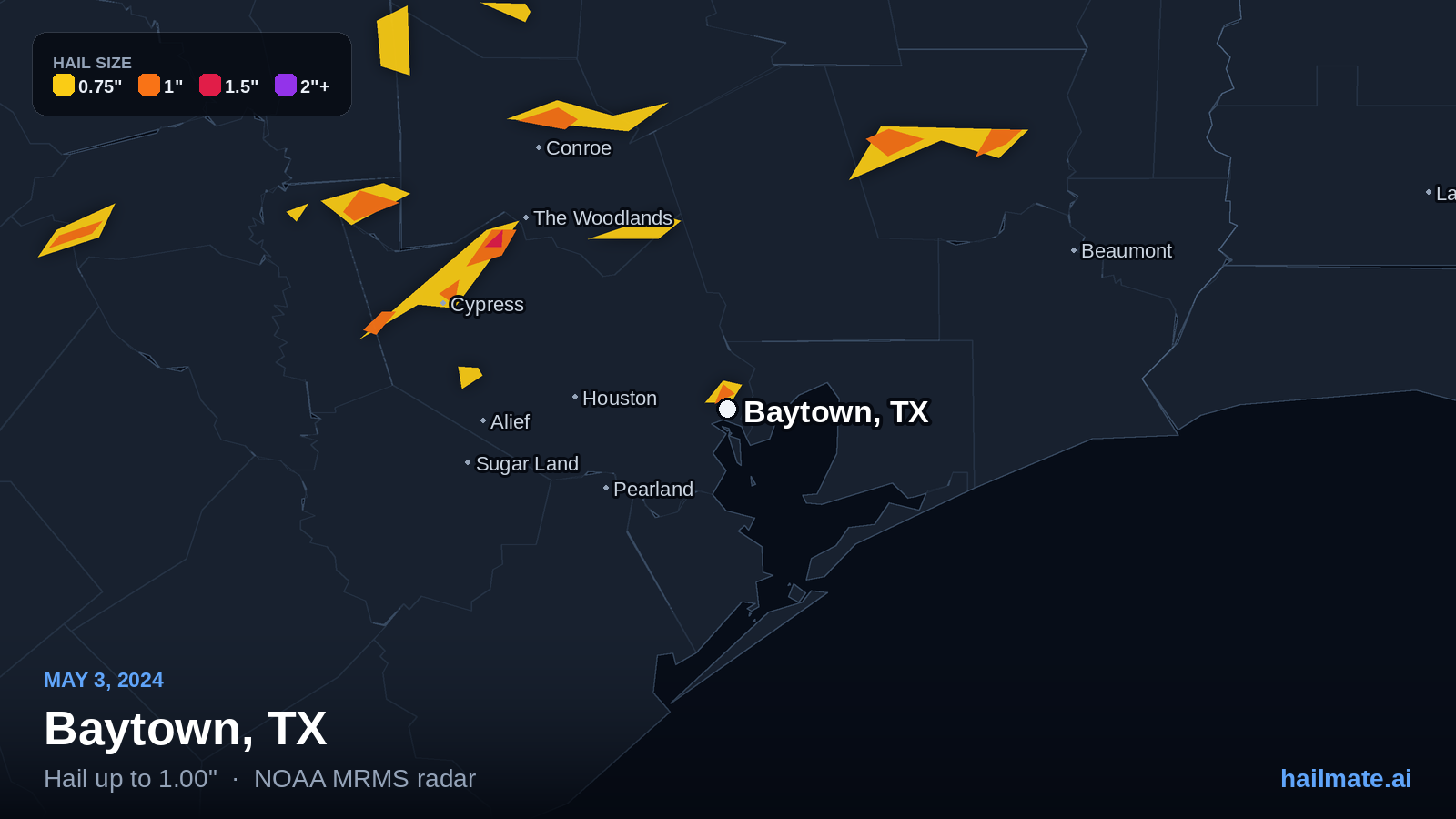 Hail swath map for Baytown, TX on May 3, 2024 showing 1.00 inch hail.