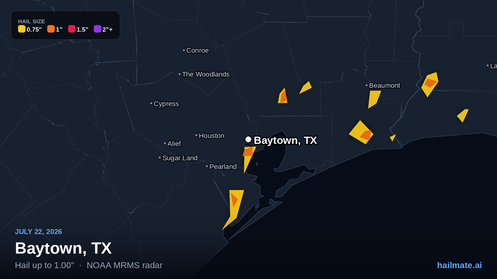 Hail swath map for Baytown, TX on July 22, 2026 showing 1.00 inch hail.