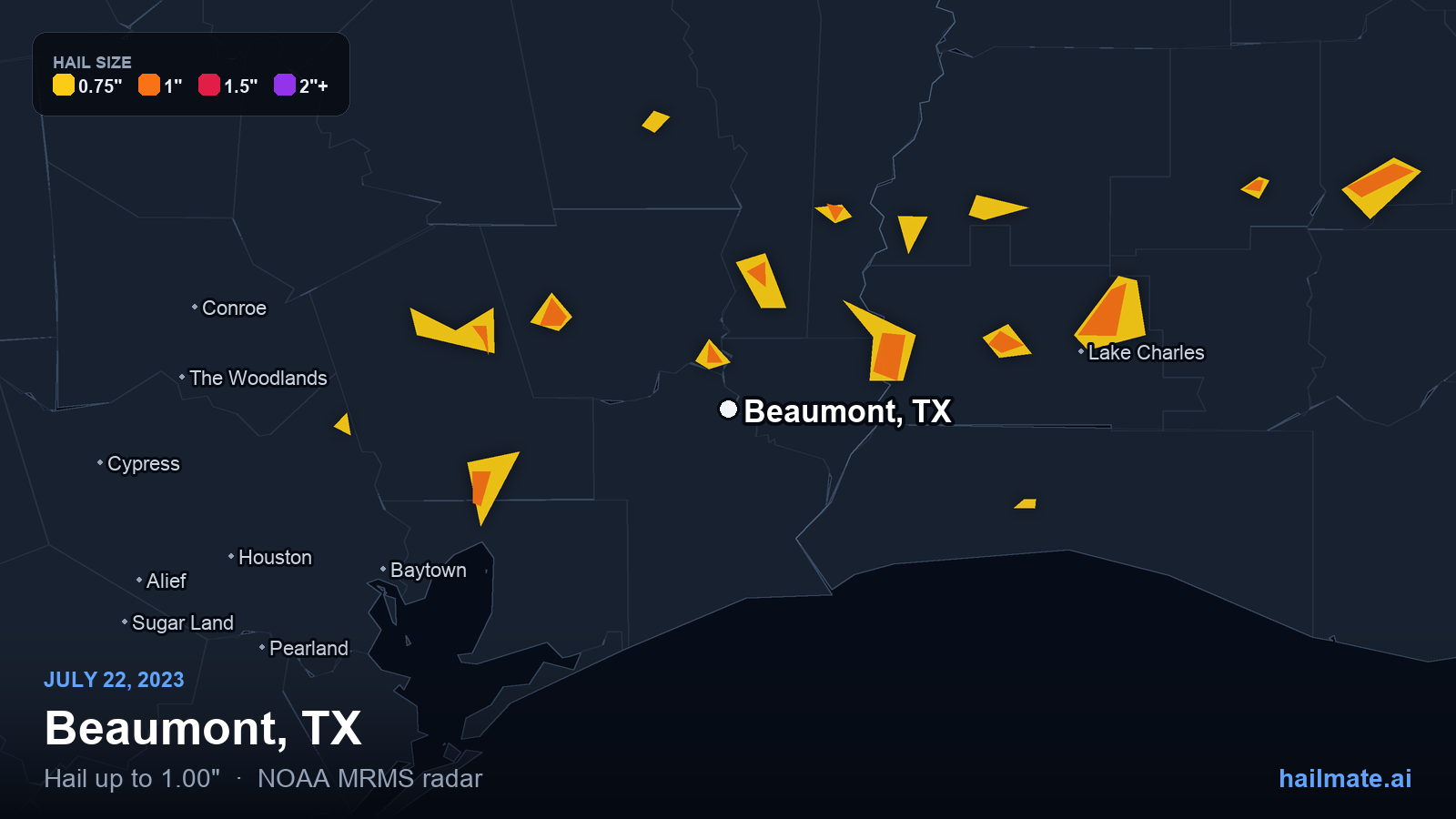 Hail swath map for Beaumont, TX on July 22, 2023 showing 1.00 inch hail.