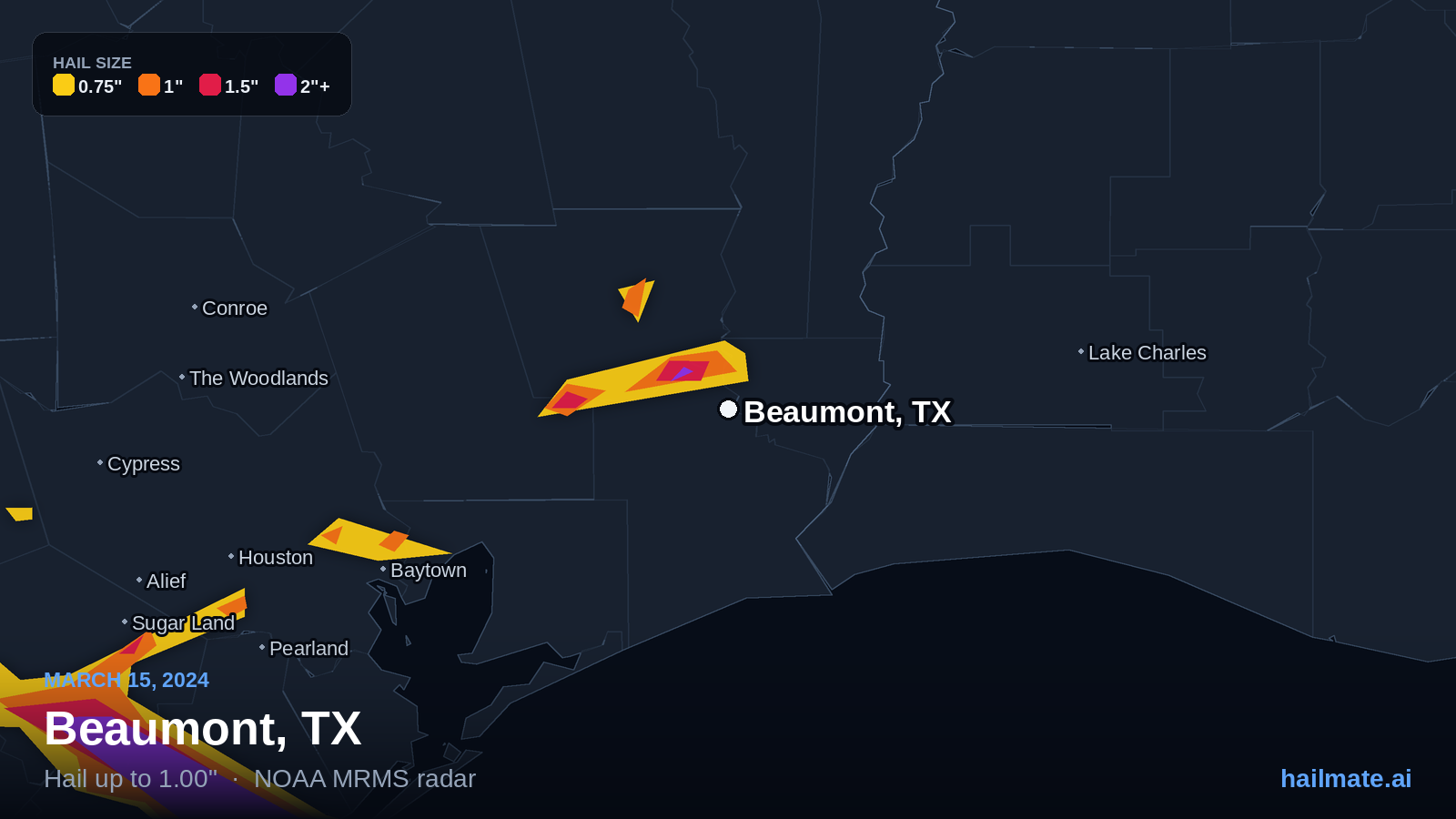Hail swath map for Beaumont, TX on March 15, 2024 showing 1.00 inch hail.