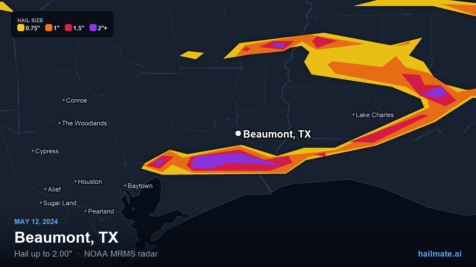 Hail swath map for Beaumont, TX on May 12, 2024 showing 2.00 inch hail.