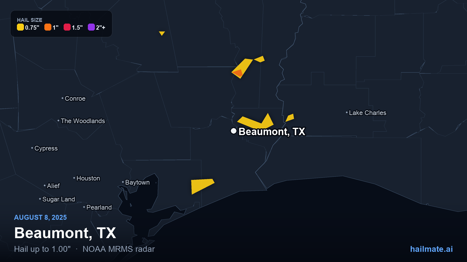 Hail swath map for Beaumont, TX on August 8, 2025 showing 1.00 inch hail.