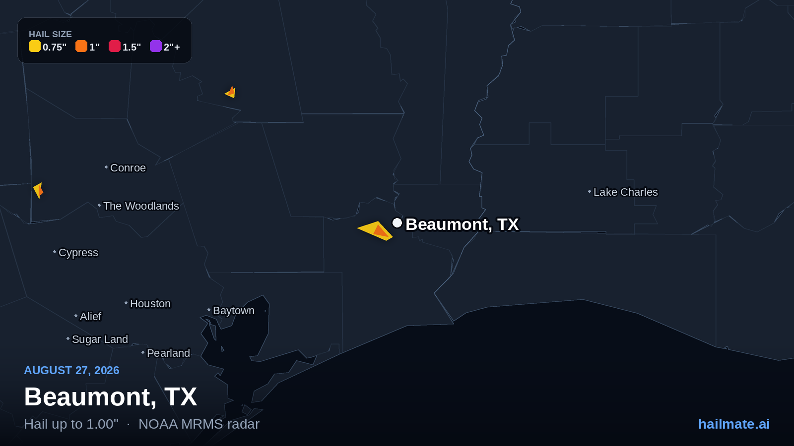 Hail swath map for Beaumont, TX on August 27, 2026 showing 1.00 inch hail.