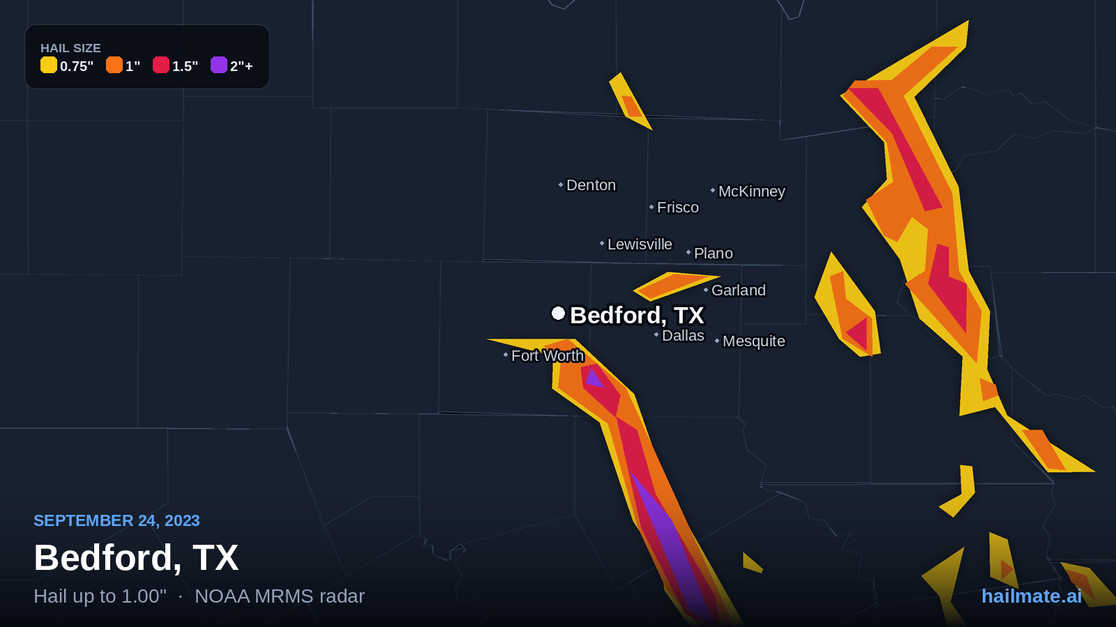 Hail swath map for Bedford, TX on September 24, 2023 showing 1.00 inch hail.