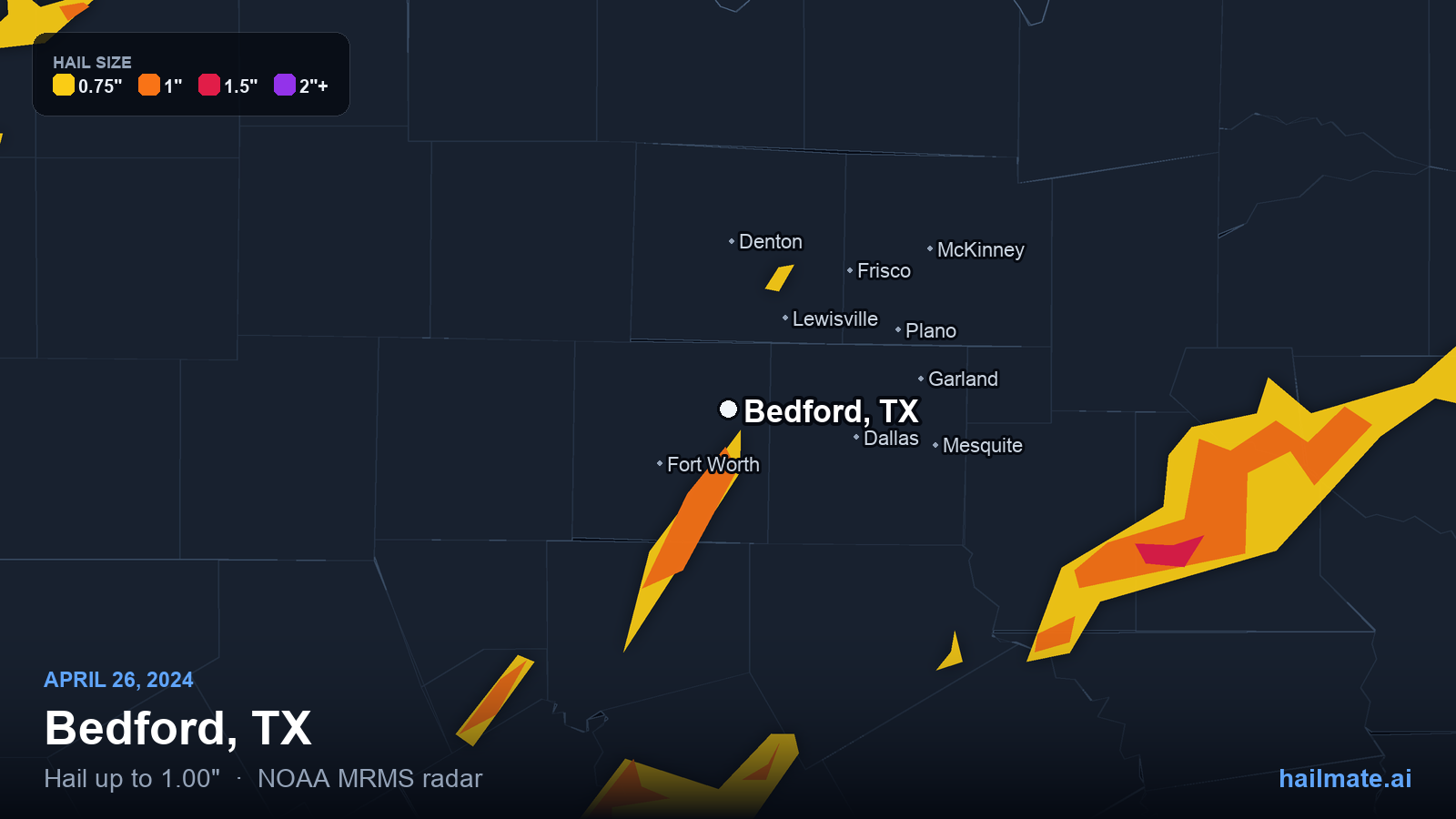 Hail swath map for Bedford, TX on April 26, 2024 showing 1.00 inch hail.
