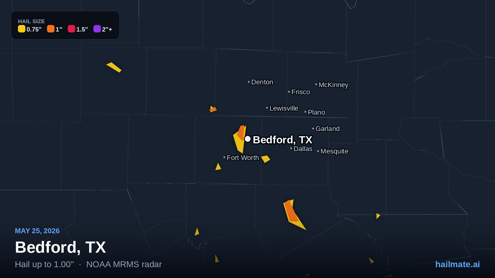 Hail swath map for Bedford, TX on May 25, 2026 showing 1.00 inch hail.