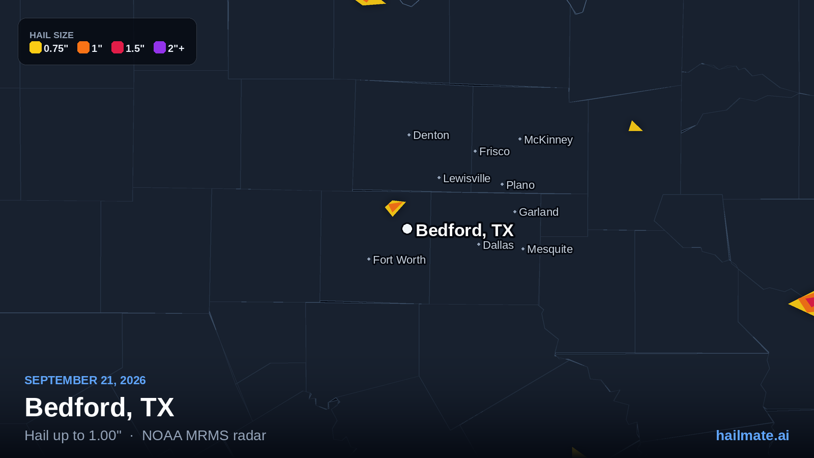 Hail swath map for Bedford, TX on September 21, 2026 showing 1.00 inch hail.