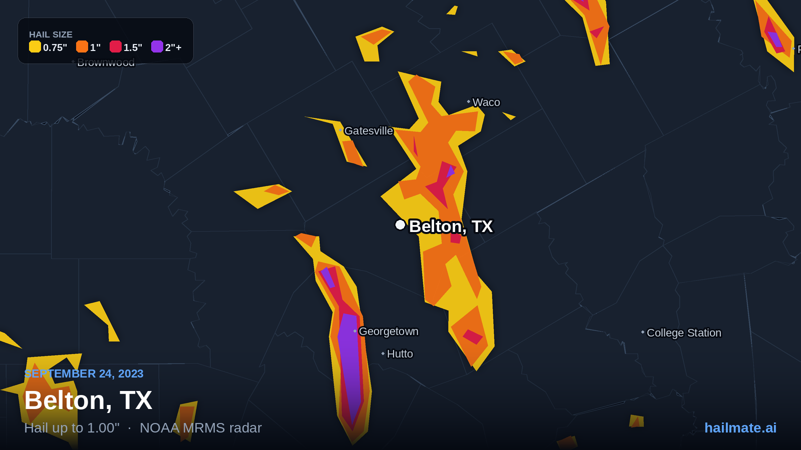 Hail swath map for Belton, TX on September 24, 2023 showing 1.00 inch hail.