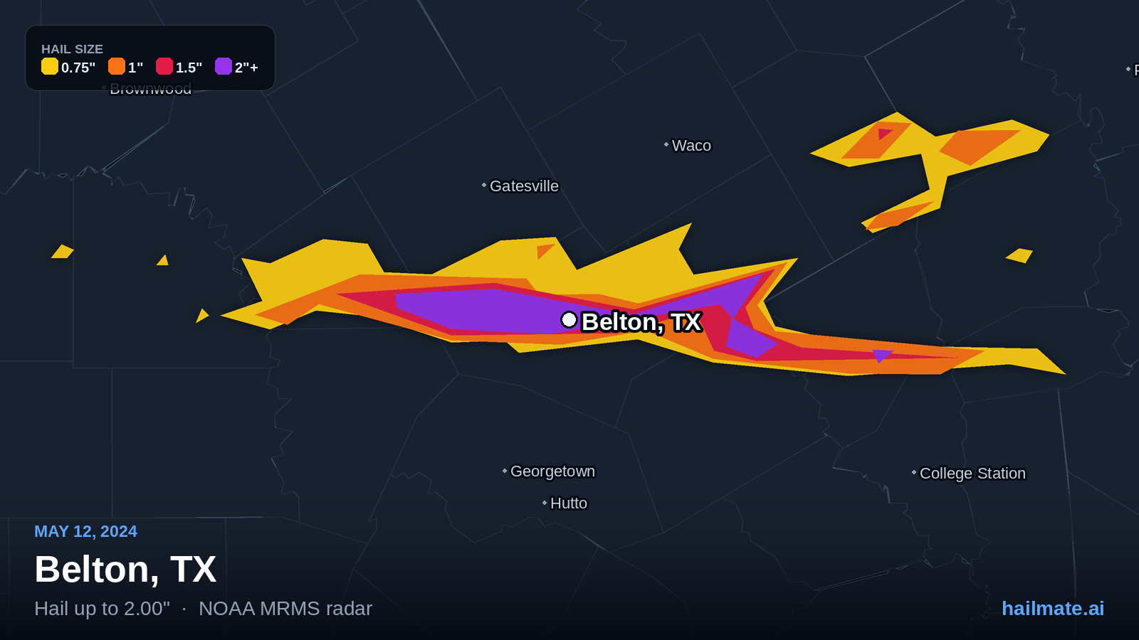 Hail swath map for Belton, TX on May 12, 2024 showing 2.00 inch hail.
