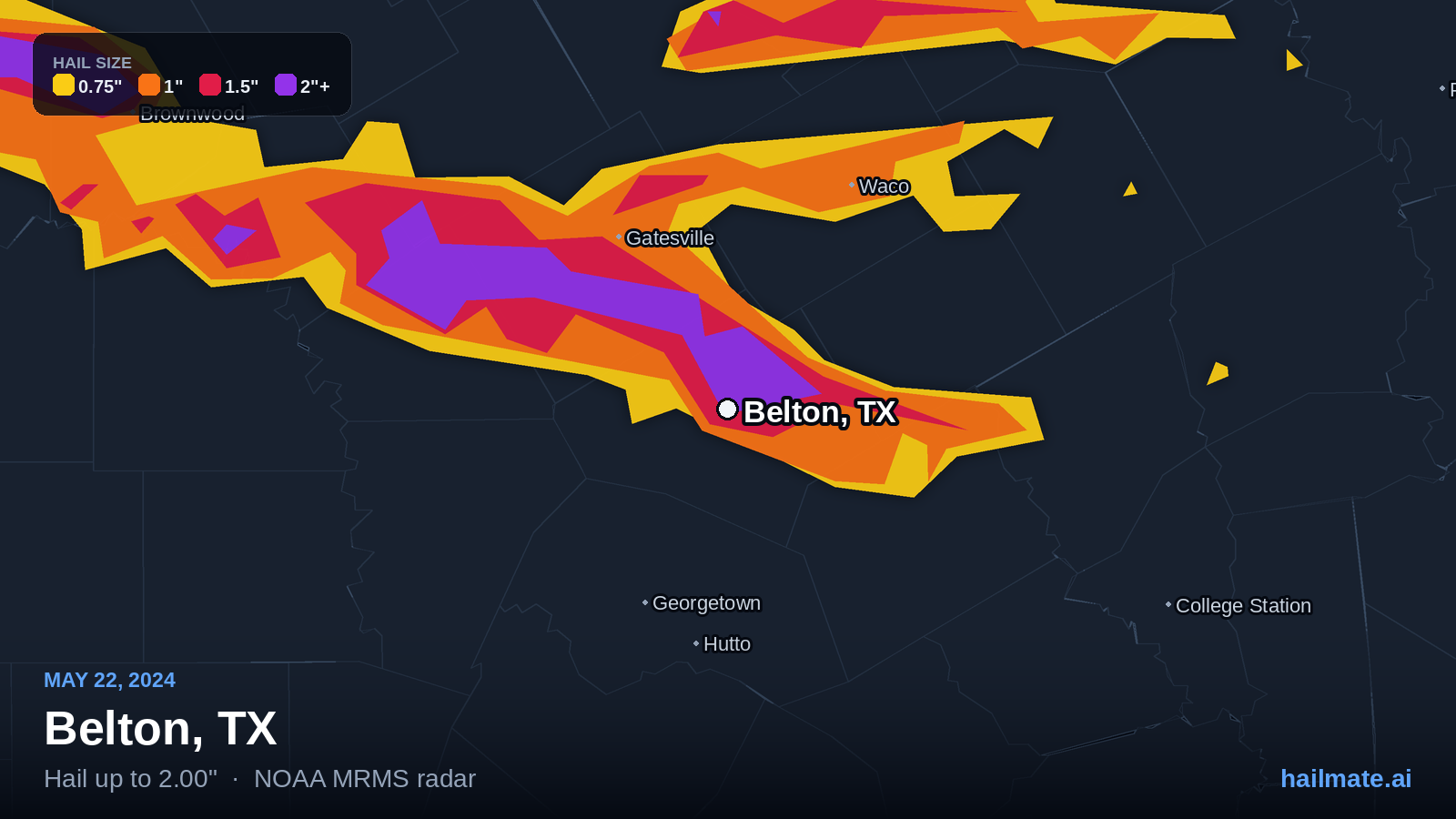 Hail swath map for Belton, TX on May 22, 2024 showing 2.00 inch hail.