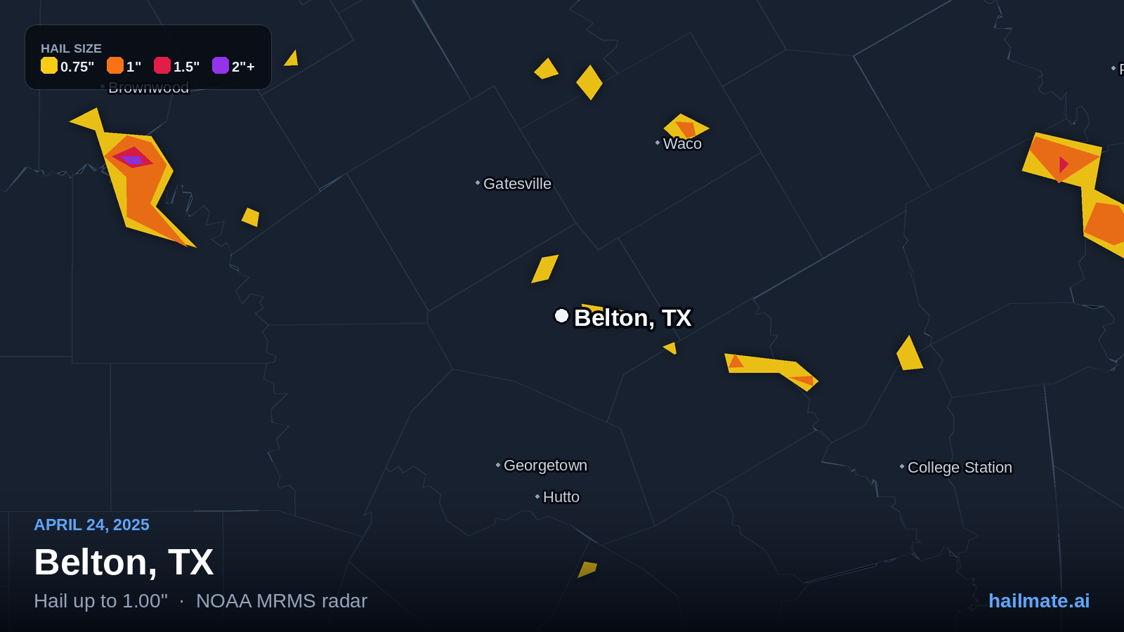 Hail swath map for Belton, TX on April 24, 2025 showing 1.00 inch hail.