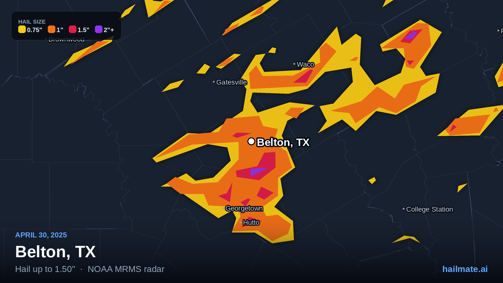 Hail swath map for Belton, TX on April 30, 2025 showing 1.50 inch hail.