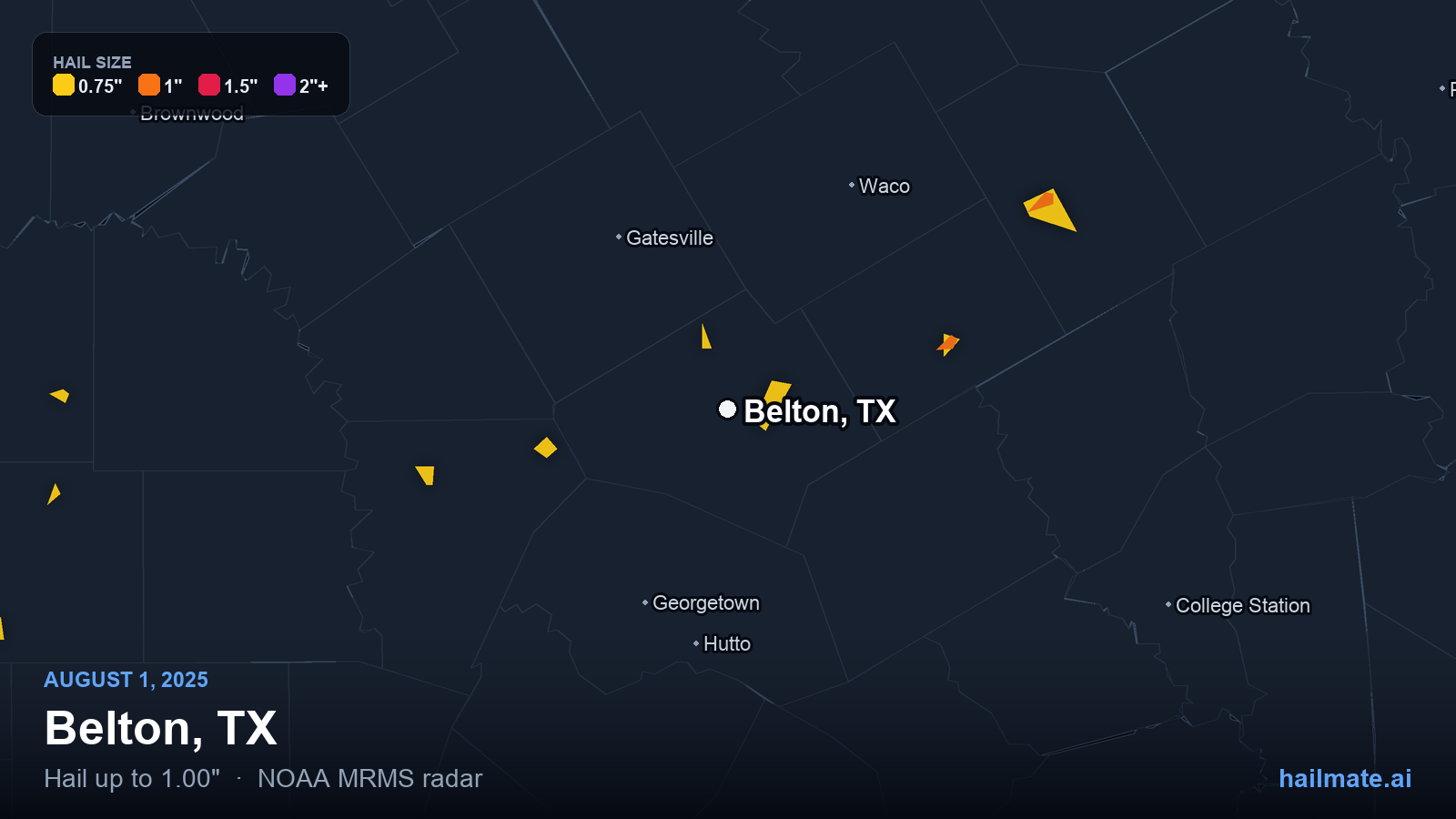 Hail swath map for Belton, TX on August 1, 2025 showing 1.00 inch hail.