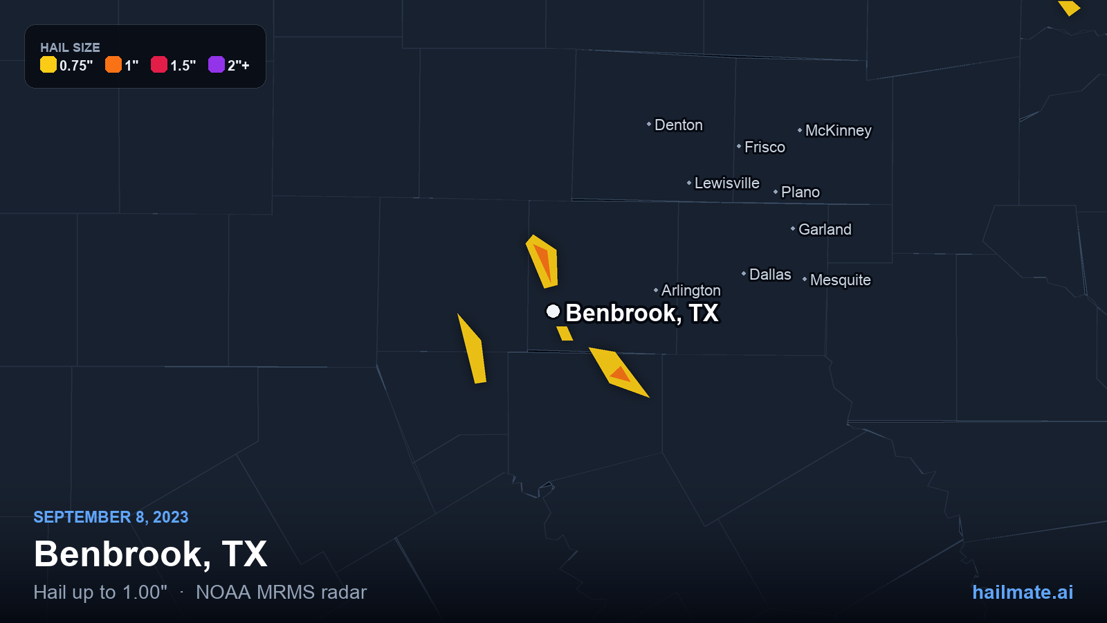 Hail swath map for Benbrook, TX on September 8, 2023 showing 1.00 inch hail.