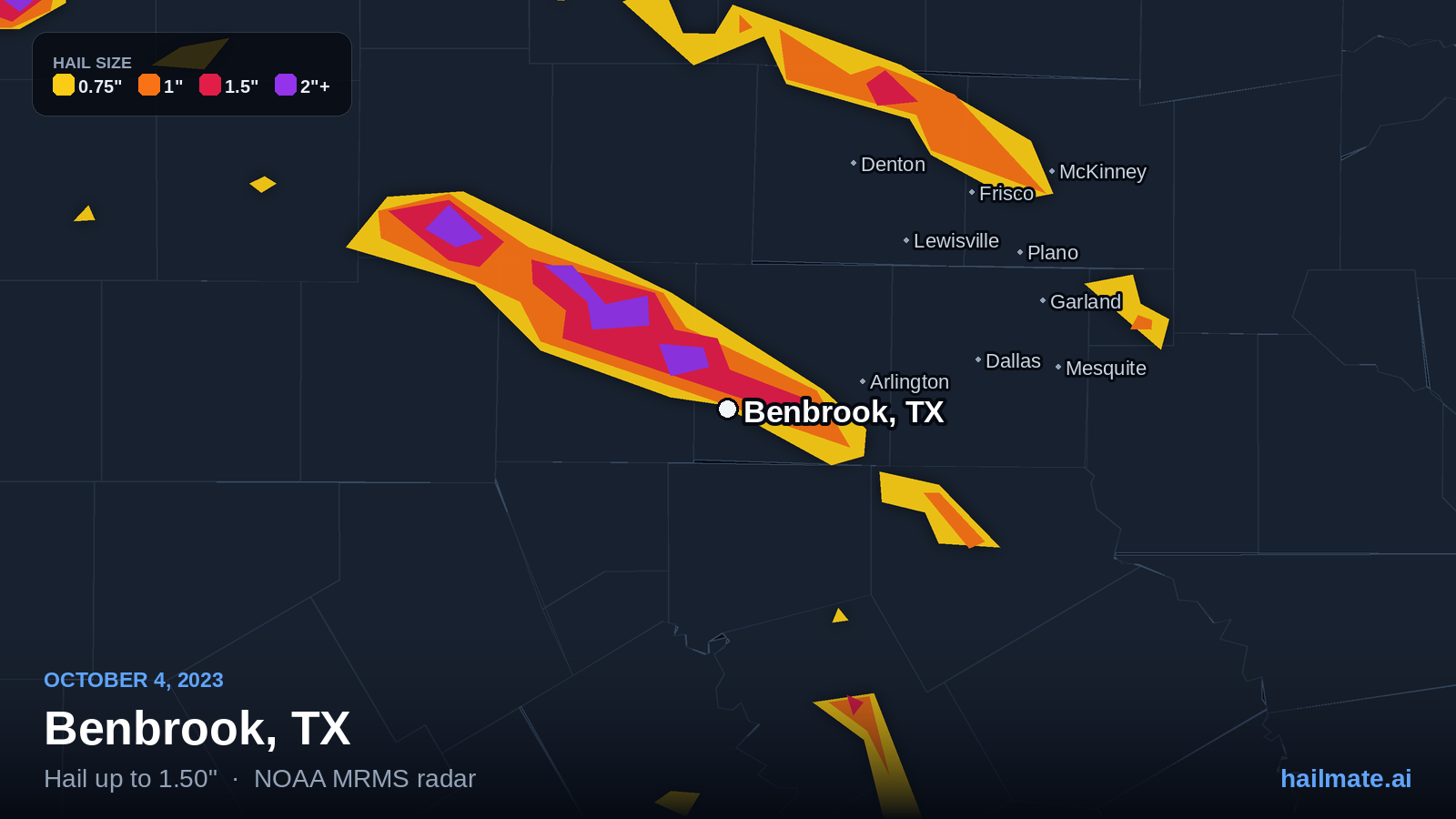 Hail swath map for Benbrook, TX on October 4, 2023 showing 1.50 inch hail.