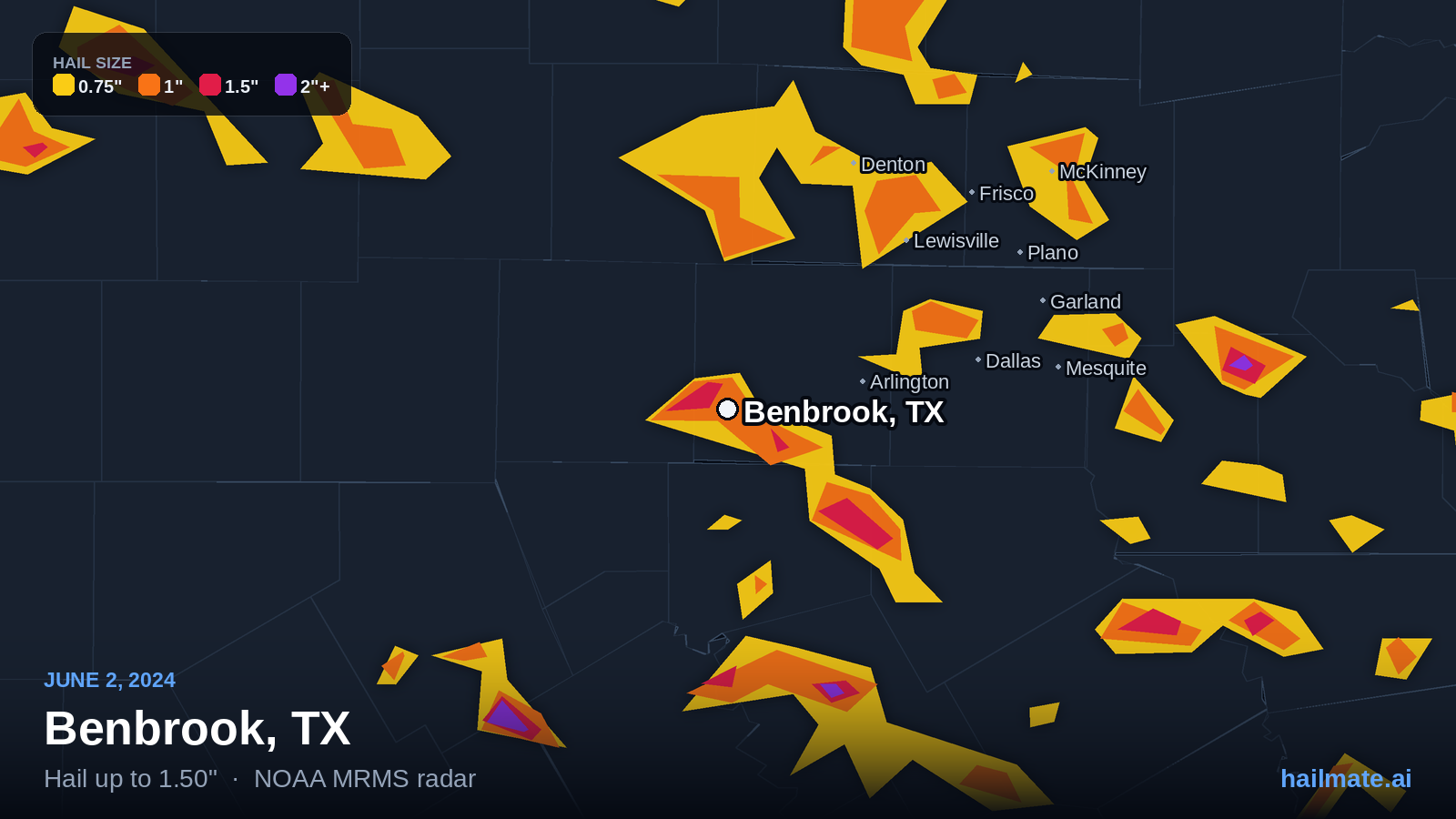 Hail swath map for Benbrook, TX on June 2, 2024 showing 1.50 inch hail.