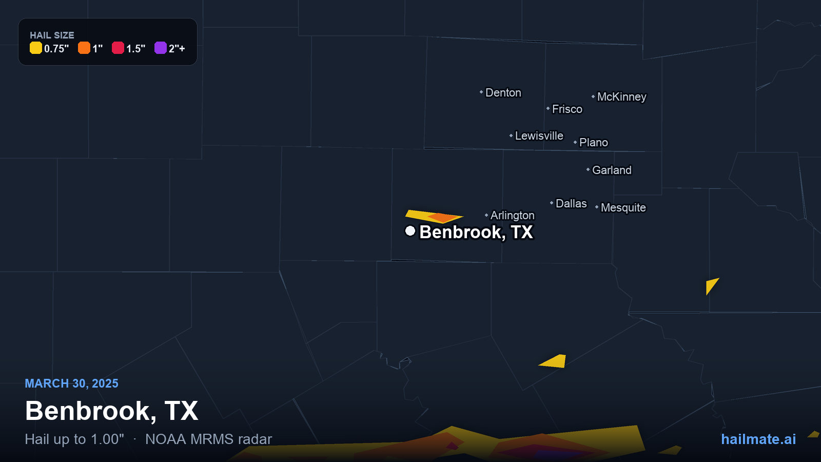 Hail swath map for Benbrook, TX on March 30, 2025 showing 1.00 inch hail.