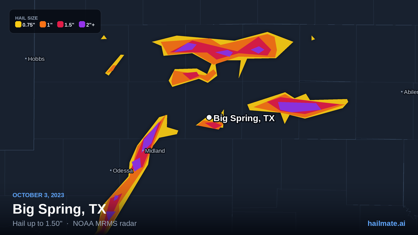 Hail swath map for Big Spring, TX on October 3, 2023 showing 1.50 inch hail.