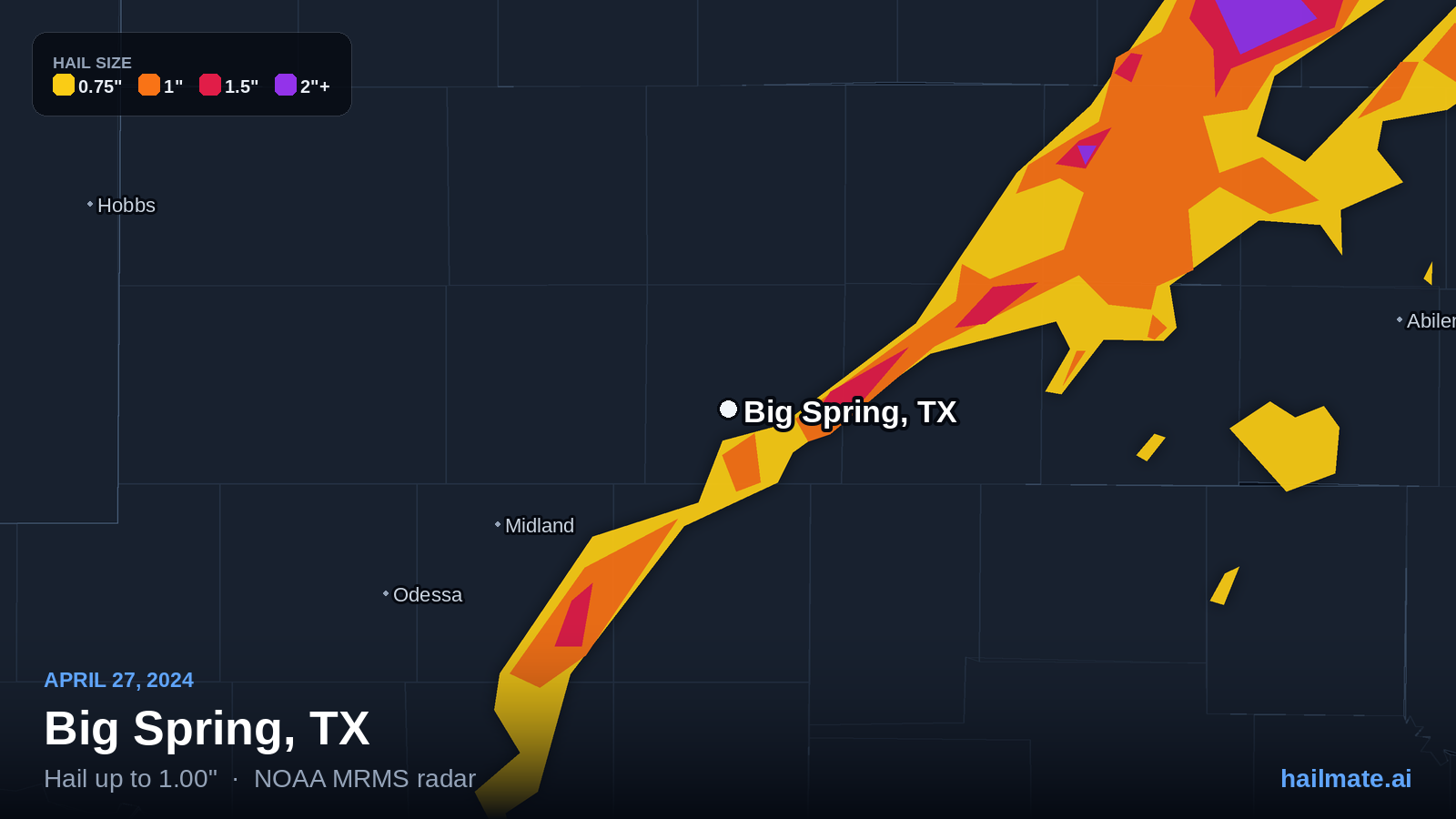 Hail swath map for Big Spring, TX on April 27, 2024 showing 1.00 inch hail.