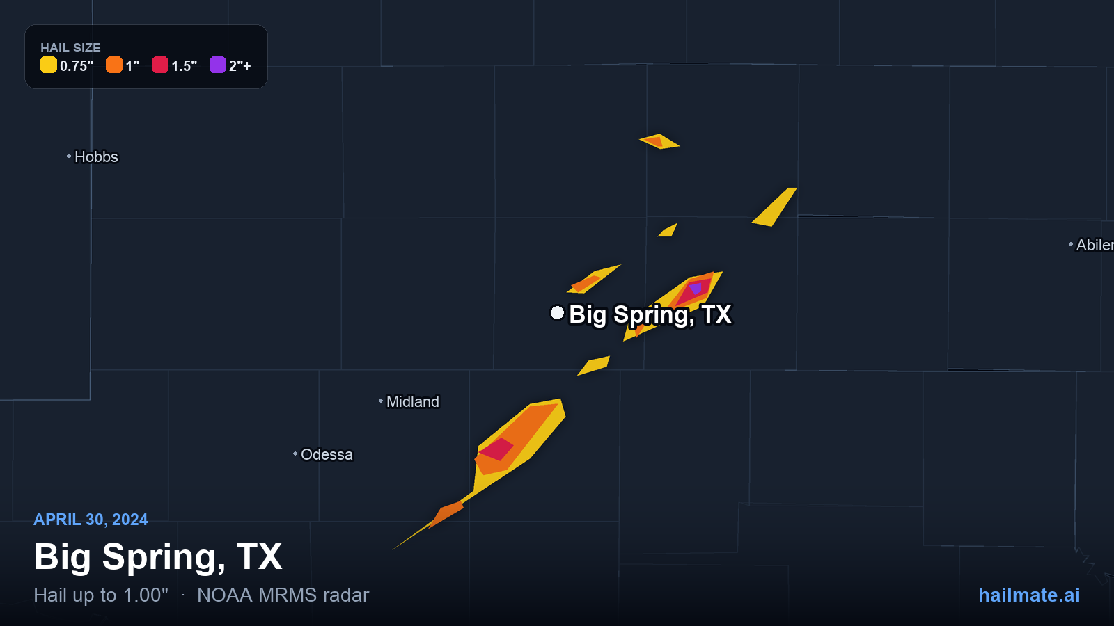 Hail swath map for Big Spring, TX on April 30, 2024 showing 1.00 inch hail.
