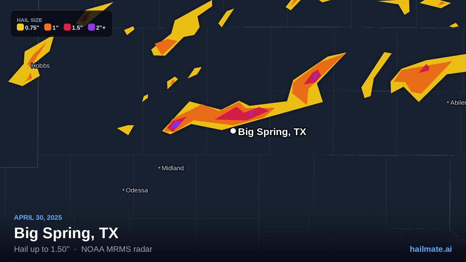 Hail swath map for Big Spring, TX on April 30, 2025 showing 1.50 inch hail.