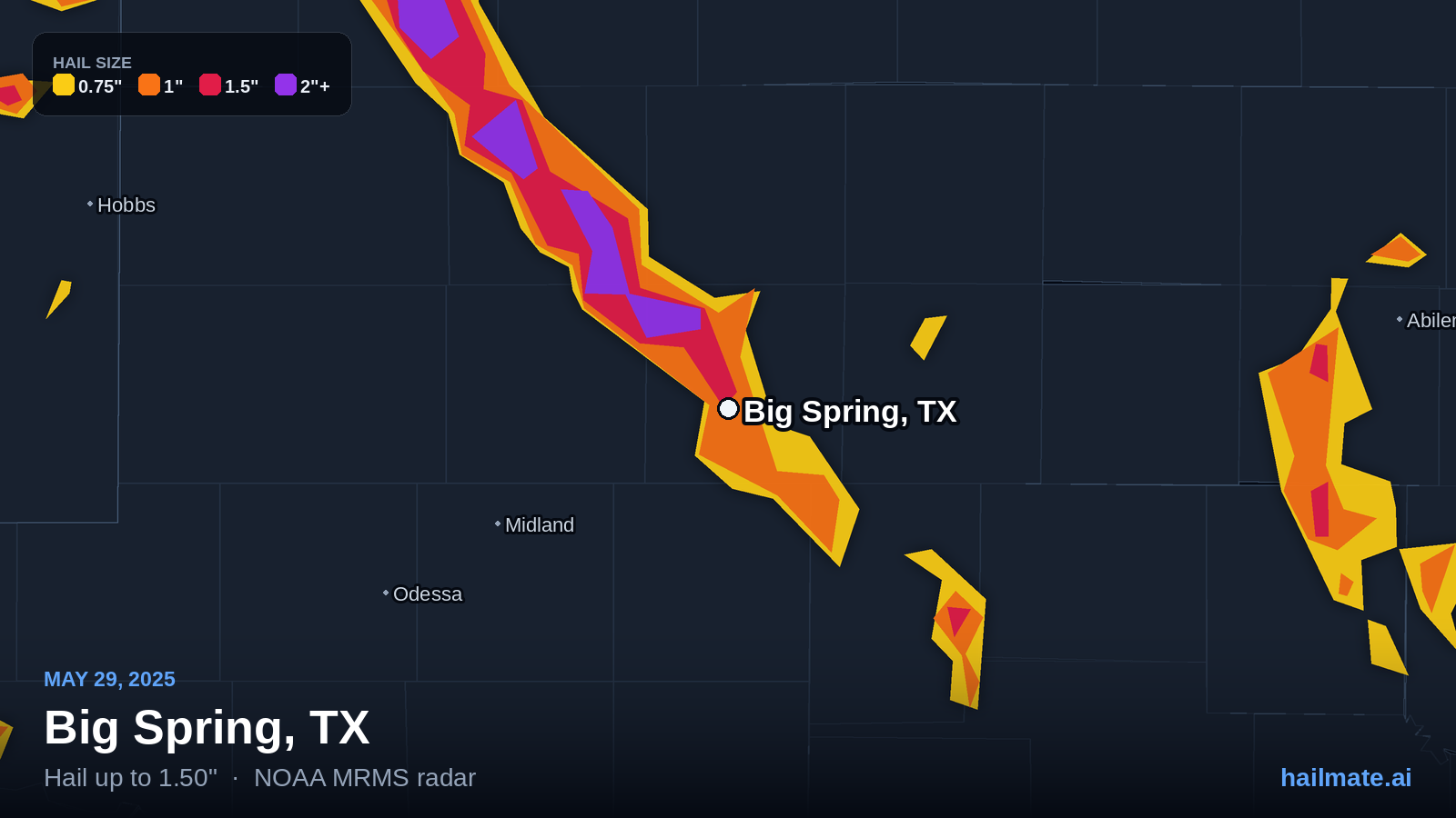 Hail swath map for Big Spring, TX on May 29, 2025 showing 1.50 inch hail.