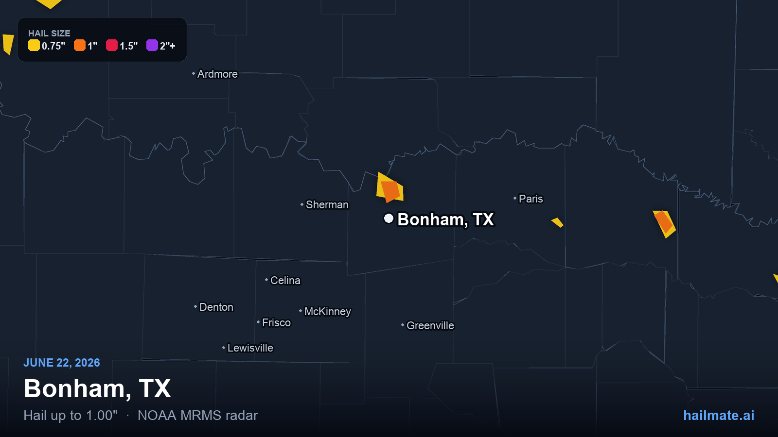 Hail swath map for Bonham, TX on June 22, 2026 showing 1.00 inch hail.