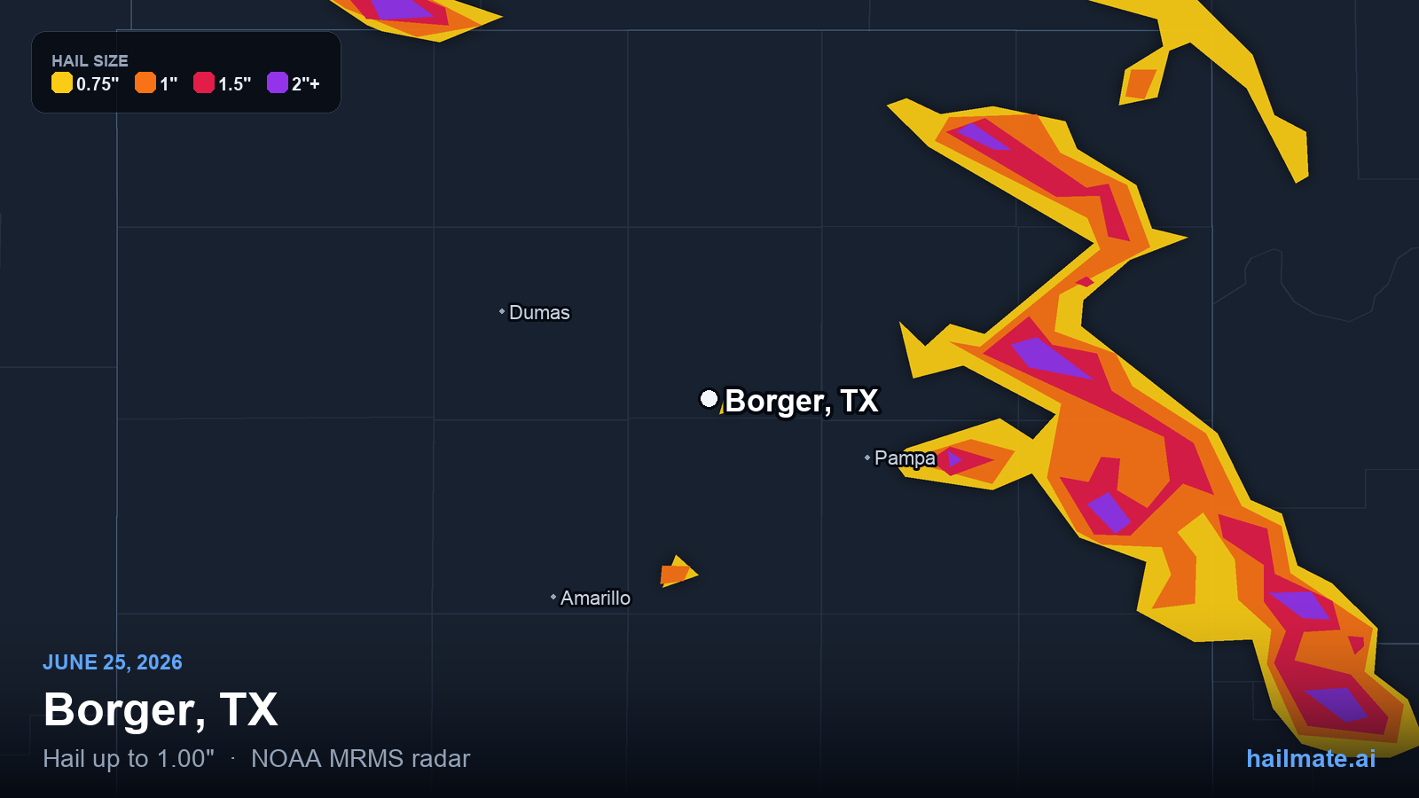 Hail swath map for Borger, TX on June 25, 2026 showing 1.00 inch hail.