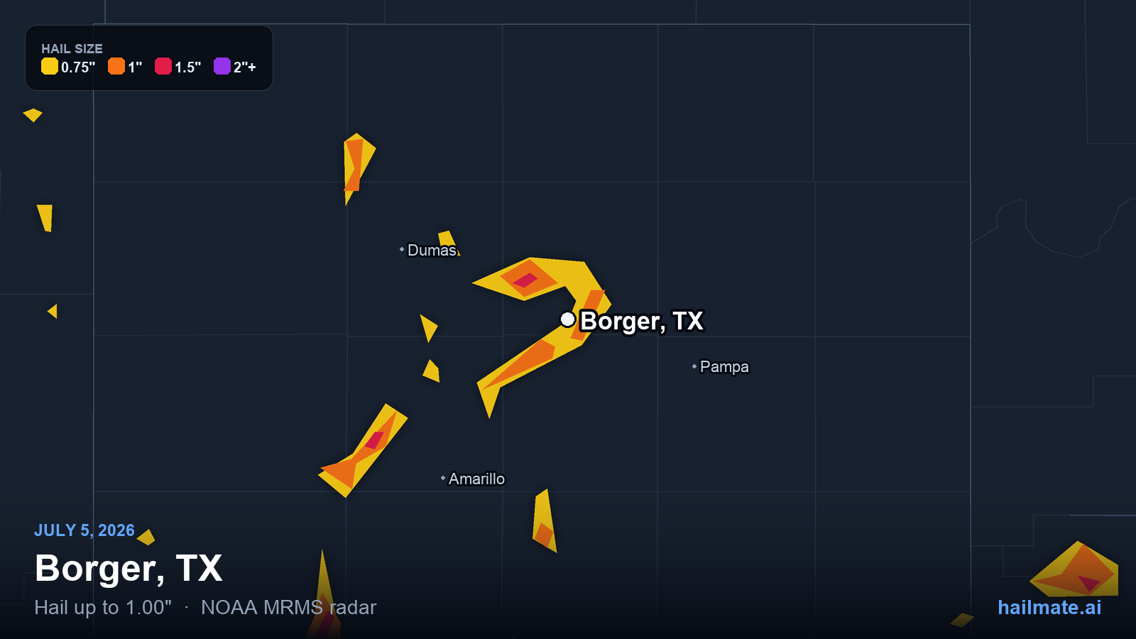 Hail swath map for Borger, TX on July 5, 2026 showing 1.00 inch hail.