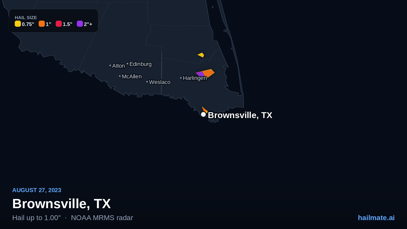 Hail swath map for Brownsville, TX on August 27, 2023 showing 1.00 inch hail.