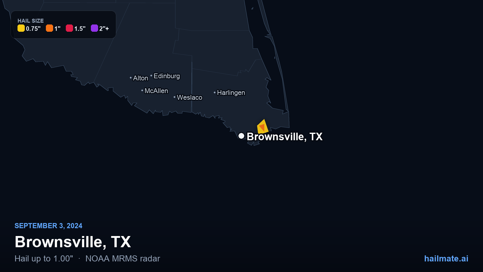 Hail swath map for Brownsville, TX on September 3, 2024 showing 1.00 inch hail.