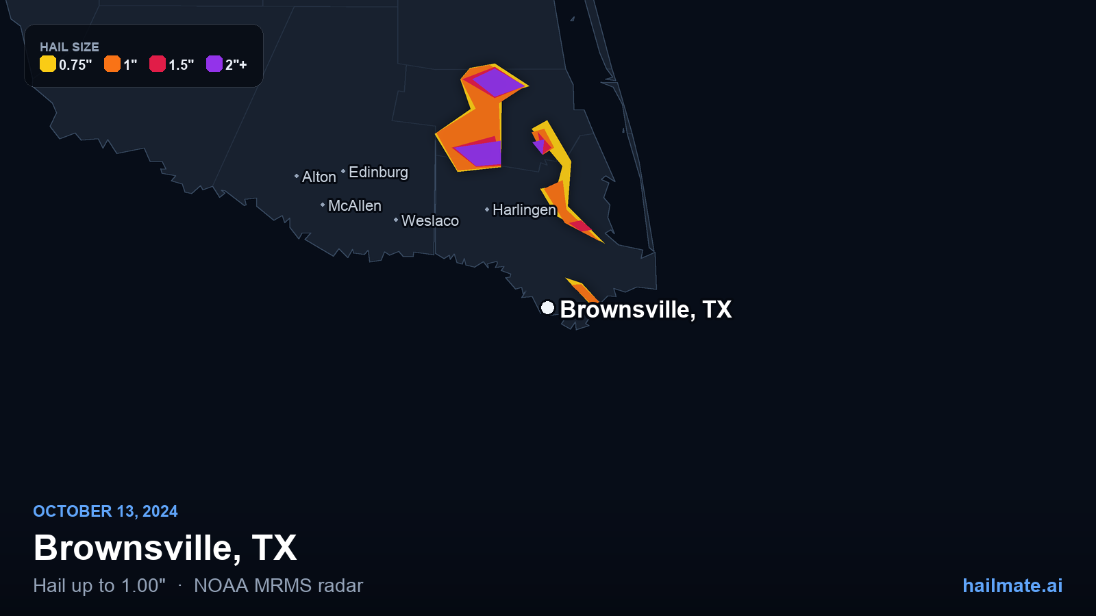 Hail swath map for Brownsville, TX on October 13, 2024 showing 1.00 inch hail.