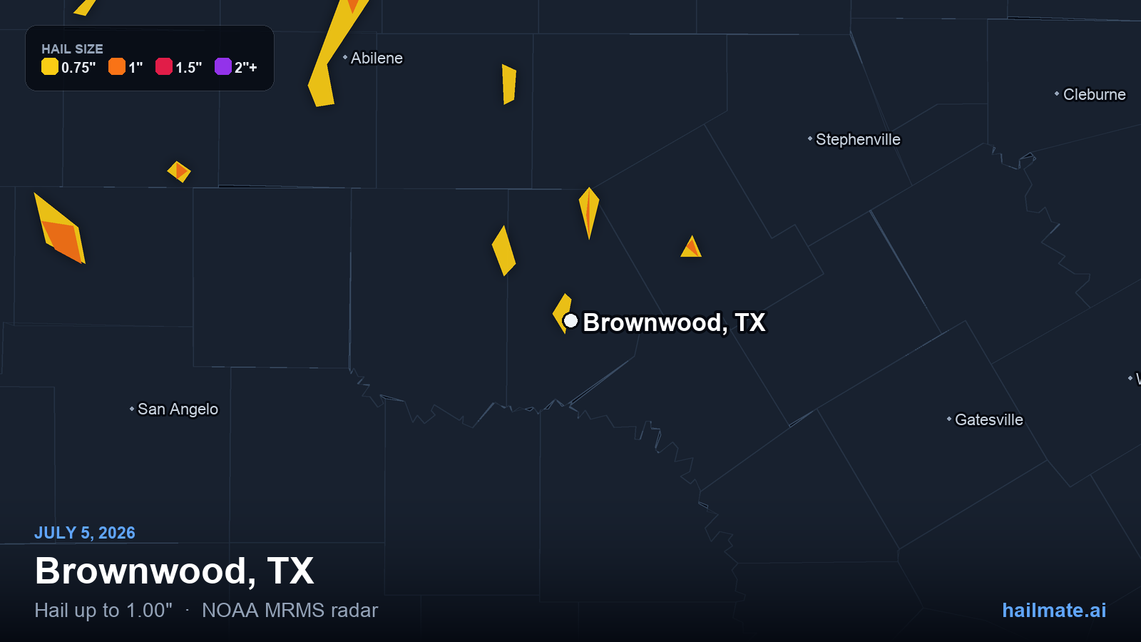 Hail swath map for Brownwood, TX on July 5, 2026 showing 1.00 inch hail.